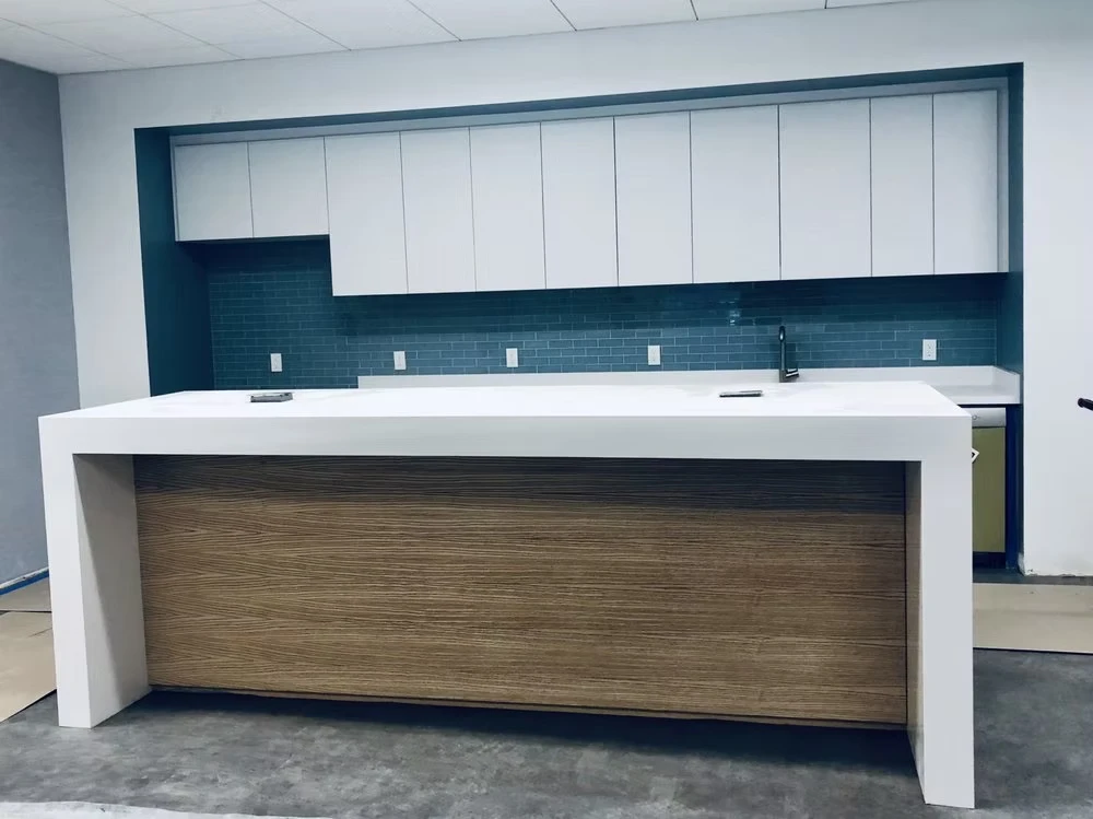 Modern office kitchenette design with wooden accents