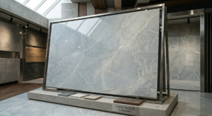 A large, polished porcelain slab with light blue and grey marble-like veining stands on a brushed metal A-frame display in a modern showroom. The slab's glossy surface reflects light from a nearby skylight.
