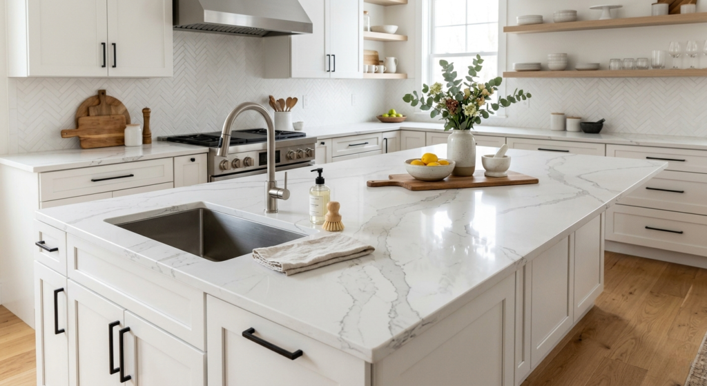 A bright, wide-angle view of a modern kitchen featuring a large white island with Calacatta-style quartz countertops and a built-in stainless steel sink.