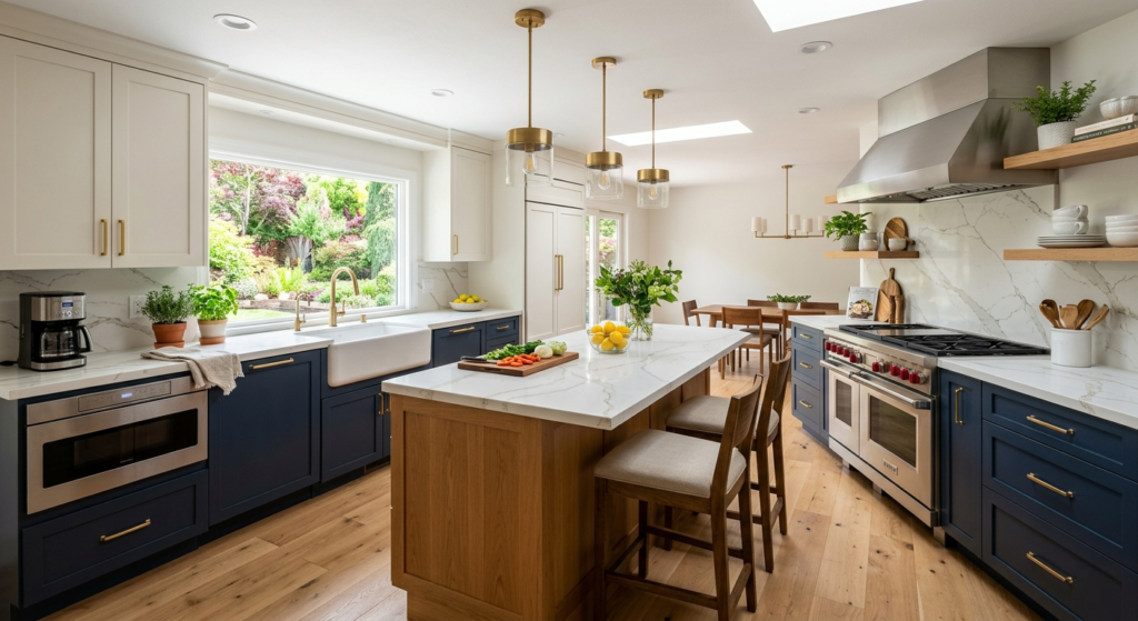 A spacious, modern kitchen featuring navy blue lower shaker cabinets and cream upper cabinets with gold hardware. A central white oak island with a white marble countertop sits under three gold pendant lights. The kitchen includes a large window with garden views, a white farmhouse sink, professional stainless steel appliances, and a matching oak dining set in the background.