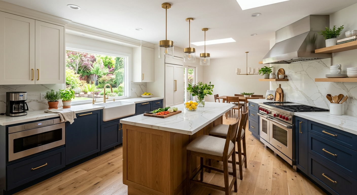 A spacious, modern kitchen featuring navy blue lower shaker cabinets and cream upper cabinets with gold hardware. A central white oak island with a white marble countertop sits under three gold pendant lights. The kitchen includes a large window with garden views, a white farmhouse sink, professional stainless steel appliances, and a matching oak dining set in the background.