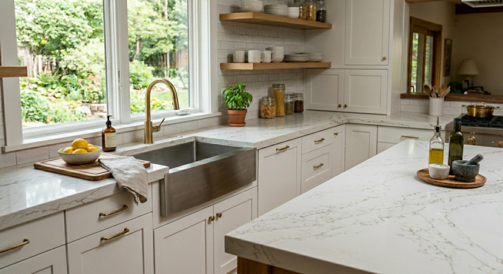 A view into a clean, modern kitchen with white shaker-style cabinets, gold handles, a large stainless steel farmhouse sink under a window, and white marble countertops with grey veining. Two floating wood shelves with dishes, a basil plant, and jars are on the subway tile wall. An island with a wooden tray of olive oils and a mortar and pestle is in the foreground.