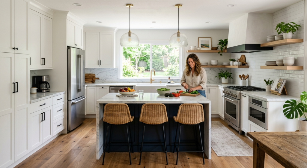 A bright, open kitchen featuring white shaker cabinets with black hardware and a contrasting navy blue waterfall island. A woman is prepping vegetables on the island, which is paired with three woven rattan barstools. The space includes light oak floors, white subway tile, and floating wood shelves decorated with plants and ceramics.
