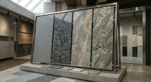 Four large vertical slabs of various stone and porcelain finishes are displayed side-by-side on a stainless steel A-frame rack. From left to right: a solid matte grey, a speckled black-and-white granite, a light grey marble-veined slab, and a green-and-white swirling natural stone.