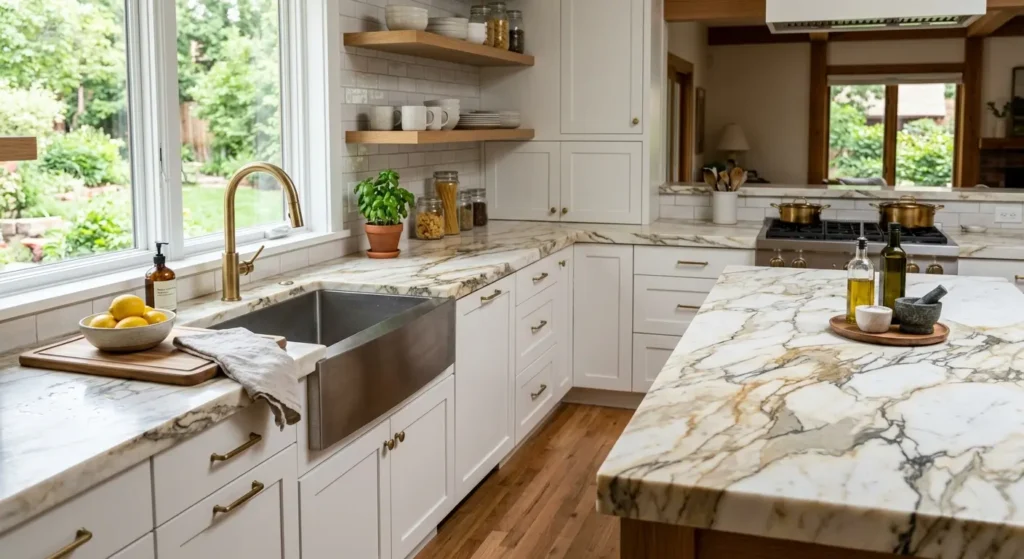 A wide-angle, bright photograph of a modern farmhouse kitchen featuring light wood floors, classic white shaker cabinets with gold-brass hardware, Calacatta Gold marble countertops and island, a prominent stainless steel farmhouse sink under a large window with garden views, and open wooden shelving.