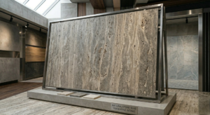 A large, vertically oriented natural silver travertine slab with prominent vertical veining and characteristic porous textures is displayed on a brushed stainless steel A-frame. The slab features a mix of grey, beige, and cream tones.
