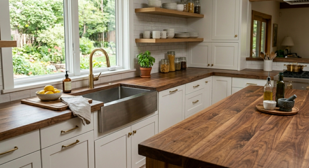 A cozy kitchen featuring bright white shaker cabinets, elegant gold hardware, and striking dark walnut butcher block countertops. A large stainless steel farmhouse sink sits beneath a window with garden views, and open shelving holds dishes. The central kitchen island also boasts a butcher block top with oil bottles and a mortar and pestle.