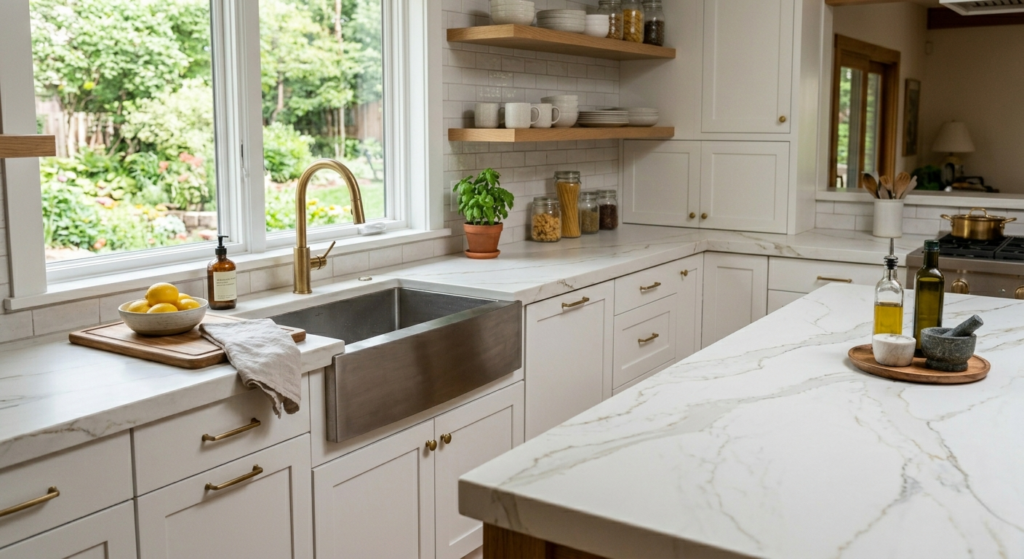 A view into a clean, modern-shaker kitchen featuring white cabinets, brass hardware, a stainless steel apron-front sink, white quartz countertops with grey veining, two floating wood shelves with dishes and glass jars, a small basil plant, and a large window looking out onto a green backyard garden. An island with olive oil bottles is in the foreground.