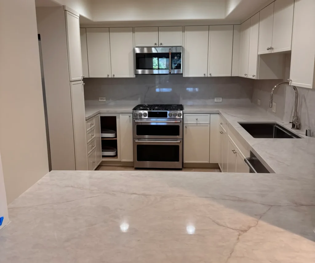 A centered shot of a kitchen remodel featuring a stainless steel stove and white cabinetry.