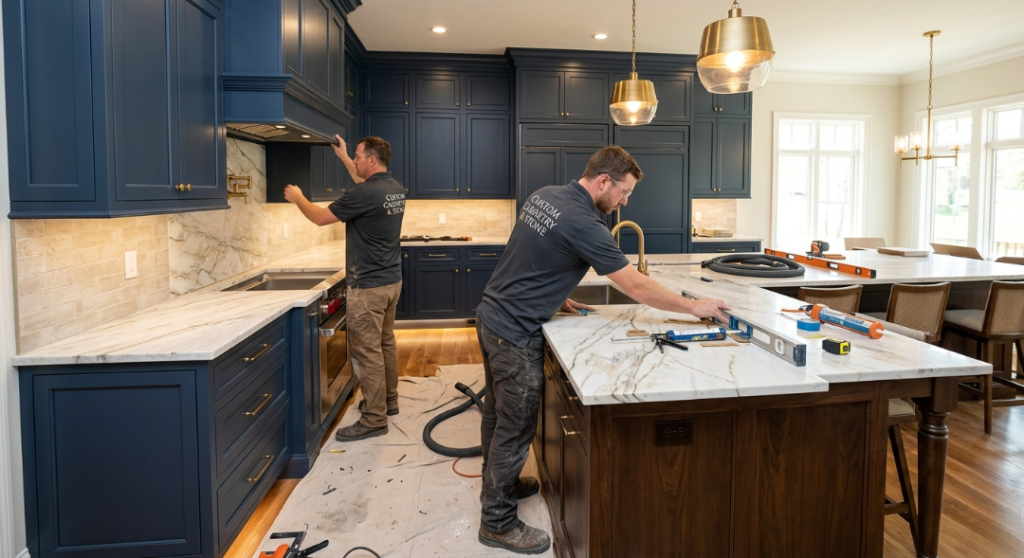 Two professional installers from "Custom Cabinetry & Stone" work on finishing a high-end kitchen featuring navy blue cabinets, marble countertops, and gold fixtures. One worker uses a level on the kitchen island while the other adjusts a cabinet hood.