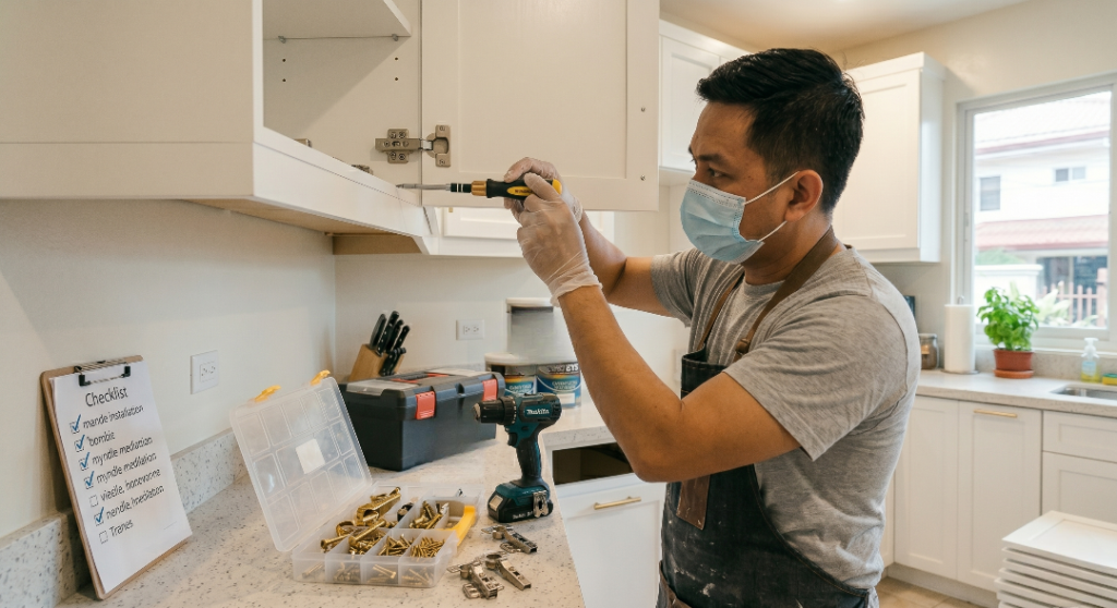 A contractor wearing a face mask and protective gloves using a screwdriver to adjust hinges on a white shaker upper cabinet door.