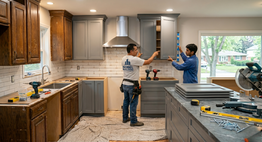 Two contractors installing grey shaker-style upper cabinets next to a stainless steel range hood during a Nobel Builders kitchen renovation.