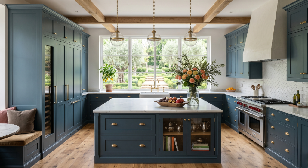 A luxurious open-concept kitchen featuring custom teal blue shaker cabinetry with brass hardware, a large marble-topped center island, and a built-in window bench seat.
