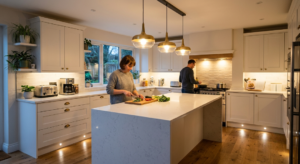 A woman slices vegetables at a large white marble-look kitchen island while a man cooks at a stove range in the background of a brightly lit, modern kitchen.