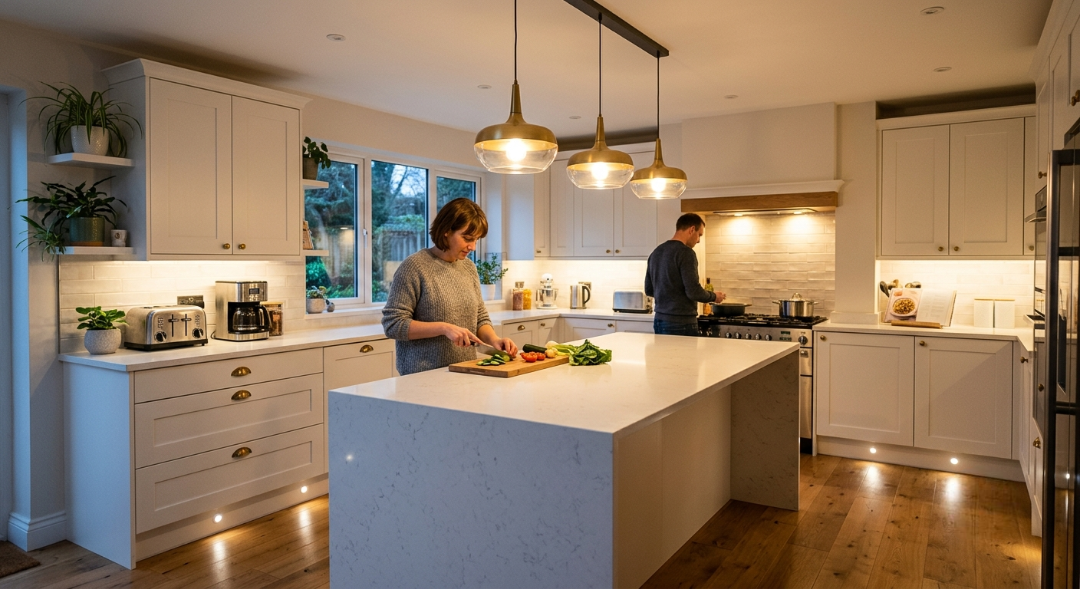 A woman slices vegetables at a large white marble-look kitchen island while a man cooks at a stove range in the background of a brightly lit, modern kitchen.