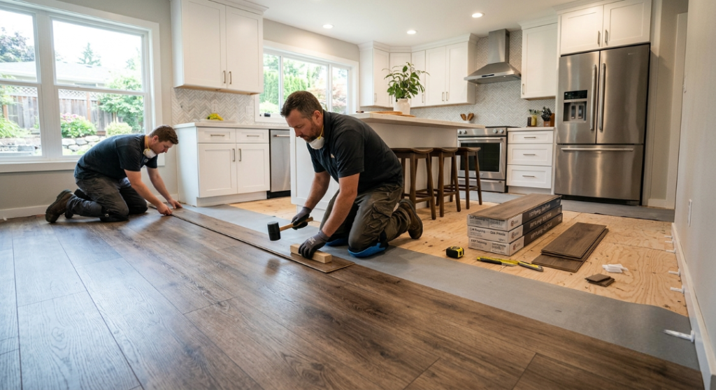 Two male flooring installers kneel in a kitchen and living area, tapping a dark wood-look plank into place over grey underlayment and plywood subflooring.