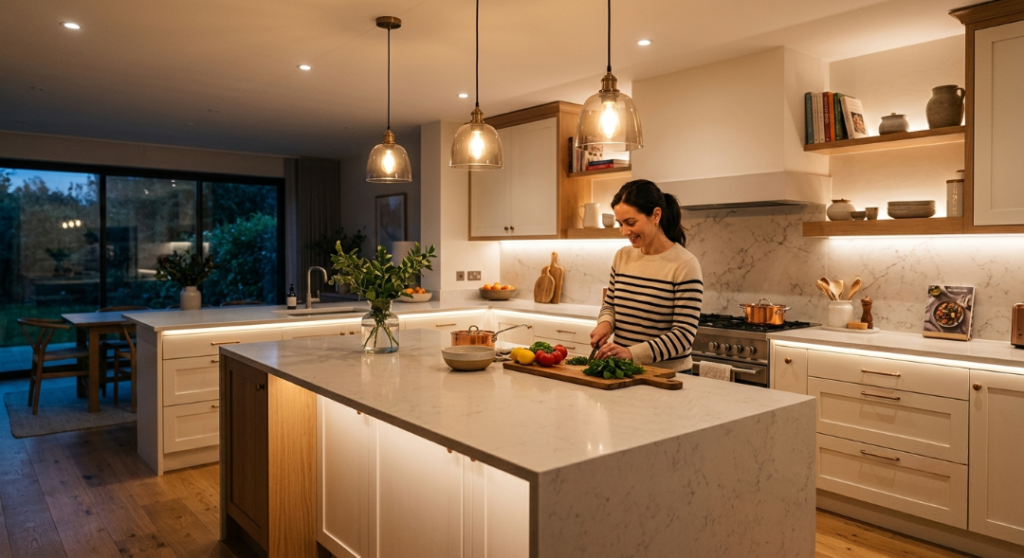 A smiling woman in a striped sweater cuts fresh herbs on a wooden chopping board atop a large white marble-veined waterfall island inside a beautifully lit, modern kitchen.