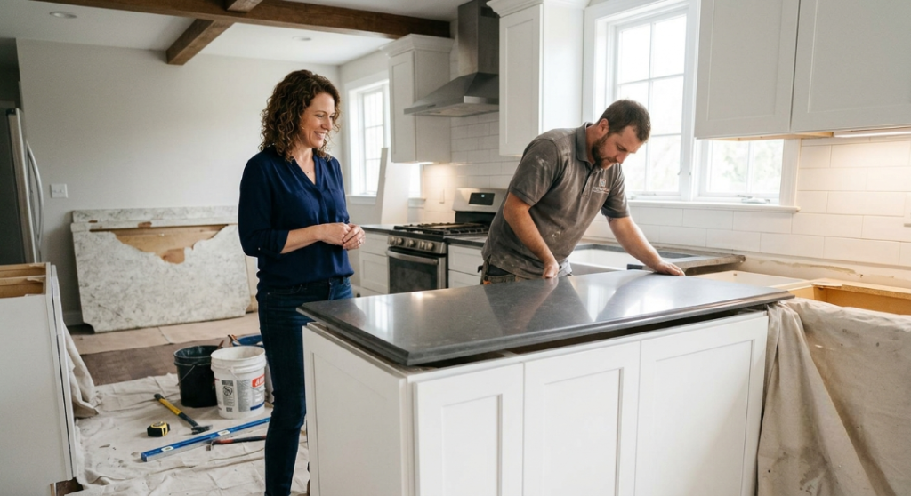 A male contractor in a grey polo shirt aligns a dark grey countertop on a white kitchen island while a smiling woman with curly hair watches the installation.