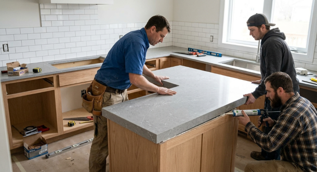 Three construction workers collaborate to install a large grey stone countertop onto a wooden kitchen island, with one worker applying adhesive from a caulking gun.