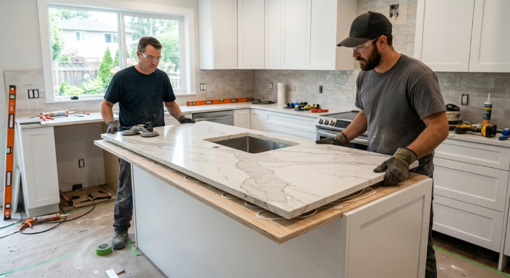 Two male installers wearing safety glasses and protective work gloves carefully position a large white-and-grey veined marble countertop slab onto a white kitchen island base during a renovation.